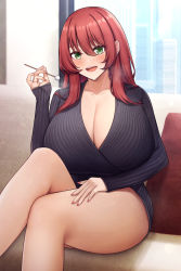 Rule 34 | 1girl, absurdres, black sweater, breasts, cleavage, couch, curvy, green eyes, hair between eyes, highres, huge breasts, indoors, kannko bokujou, long hair, looking at viewer, mimikaki, nail polish, original, pillow, pink nails, red hair, sitting, smile, solo, sweater, thighs