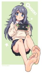 Rule 34 | 1girl, absurdres, ahoge, bare legs, barefoot, blue eyes, blush, feet, full body, game console, greek toe, handheld game console, highres, holding, holding handheld game console, inohara koboshi, legs, ongeki, open mouth, oyatsu (mk2), school uniform, simple background, skirt, soles, solo, toenails, toes