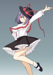 Rule 34 | 1girl, ;), black footwear, black hat, black skirt, bow, breasts, capelet, closed mouth, frilled skirt, frills, gradient background, grey background, hat, hat bow, hekkmushi, highres, index finger raised, large breasts, long sleeves, looking at viewer, nagae iku, one eye closed, purple hair, red bow, red eyes, red pupils, shirt, short hair, skirt, smile, socks, solo, touhou, white capelet, white shirt, white socks