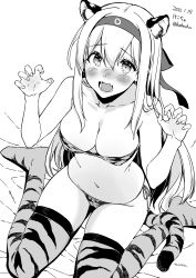 Rule 34 | 1girl, alternate costume, animal ears, bikini, blush, breasts, chinese zodiac, claw pose, cleavage, commission, dated, fangs, greyscale, hair between eyes, headband, highres, kantai collection, kekocha, large breasts, long hair, looking at viewer, monochrome, open mouth, shoukaku (kancolle), signature, sitting, skeb commission, solo, swimsuit, tail, thighhighs, tiger ears, tiger girl, tiger tail, twitter username, year of the tiger