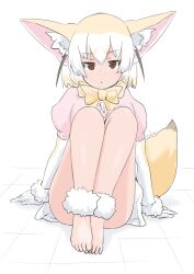 Rule 34 | 1girl, animal ears, bare legs, barefoot, blonde hair, blush, bow, bowtie, brown eyes, convenient leg, etobiuo, fennec (kemono friends), fox ears, fox tail, gloves, highres, kemono friends, knees up, legs, looking at viewer, multicolored hair, no shoes, shirt, short hair, short sleeves, sitting, skirt, solo, tail, toes, white hair