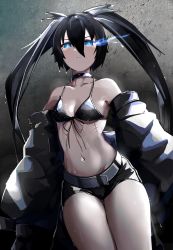 Rule 34 | 1girl, absurdres, bikini, bikini top only, black hair, black rock shooter, black rock shooter (character), blue eyes, highres, long hair, looking at viewer, mo (this-is-mo), solo, swimsuit, thighs, very long hair