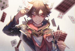 Rule 34 | 1boy, ace (playing card), ace of hearts, ace of spades, ace trappola, blurry, blurry foreground, card, collar, commentary request, corsage, facial tattoo, five of clubs, four of clubs, gold trim, grey background, grin, hand up, heart, heart tattoo, holding, holding card, jacket, looking at viewer, male focus, orange hair, playing card, queen (playing card), queen of hearts (playing card), red eyes, roku (black1042393), seven of diamonds, short hair, simple background, six of hearts, smile, solo, spade (shape), tattoo, three of hearts, twisted wonderland, two of spades, upper body, white jacket