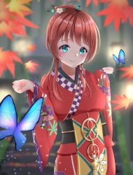 Rule 34 | 1girl, absurdres, aion no uta (love live!), alternate hairstyle, aqua eyes, artist name, artist request, autumn, autumn leaves, blue butterfly, blue eyes, blurry, blurry background, blush, bow, braid, breasts, brown hair, bug, butterfly, clenched hands, collarbone, crown braid, emma verde, female focus, floral print, flower, flower print, freckles, hair between eyes, hair bun, hair flower, hair ornament, hair stick, highres, insect, japanese clothes, kimono, kimono skirt, lantern, long hair, long sleeves, looking at viewer, love live!, love live! nijigasaki high school idol club, love live! school idol festival, love live! school idol festival all stars, low twintails, medium breasts, miniskirt, obi, outdoors, parted lips, plaid, plaid skirt, pleated, pleated skirt, purple flower, red flower, red hair, red kimono, sash, short hair, short kimono, single hair bun, skirt, smile, solo, stairs, twintails, white flower, wide sleeves