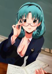 Rule 34 | 1girl, adjusting eyewear, aqua hair, bespectacled, black hairband, blue jacket, blue skirt, book, breasts, brown eyes, bug, butterfly, chalkboard, classroom, cleavage, collarbone, collared shirt, commentary request, curly hair, downblouse, dress shirt, formal, glasses, hairband, highres, holding, holding book, idolmaster, idolmaster million live!, indoors, insect, jacket, looking at viewer, looking over eyewear, medium breasts, open clothes, open mouth, open shirt, parted bangs, pin, ponpon, shirt, skirt, skirt suit, solo, suit, teacher, tokugawa matsuri, white shirt