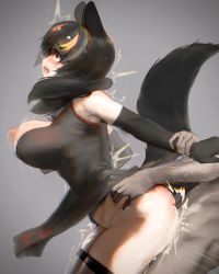 Rule 34 | 1boy, 1girl, ^^^, absurdres, animal ears, arm grab, arm held back, aye-aye (kemono friends), bare shoulders, black dress, black hair, blush, bouncing breasts, breasts, chromatic aberration, clothed female nude male, cum, dark-skinned male, dark skin, dress, elbow gloves, from side, furrowed brow, gloves, grabbing, grey background, hetero, highres, kemono friends, large breasts, leaning forward, lemur ears, lemur tail, long hair, looking up, motion lines, multicolored hair, nipples, nude, open mouth, orange hair, red eyes, red hair, sex, sex from behind, shibori kasu, short dress, simple background, skindentation, sleeveless, sleeveless dress, solo focus, stomach, sweat, tail, thighhighs, torso grab, trembling, twintails