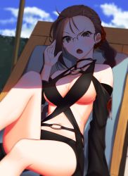Rule 34 | 1girl, adjusting eyewear, bare shoulders, black one-piece swimsuit, blue sky, blush, braid, breasts, brown hair, cleavage, day, detached sleeves, ear piercing, earrings, fate/grand order, fate (series), glasses, highres, jewelry, knee up, kuroshiro (ms-2420), long hair, long sleeves, looking at viewer, medium breasts, multiple earrings, navel, o-ring, one-piece swimsuit, open mouth, piercing, revealing clothes, scrunchie, shade, sitting, sky, solo, sunlight, swimsuit, thighs, very long hair, yu mei-ren (fate), yu mei-ren (festival outfit) (fate)