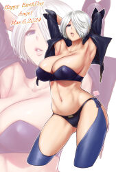 Rule 34 | 1girl, absurdres, angel (kof), armpits, arms behind head, artist name, bra, breasts, cleavage, grey hair, hair over one eye, half-closed eyes, highres, jacket, large breasts, legs, looking at viewer, midriff, navel, open clothes, open jacket, open mouth, parted lips, pink lips, seductive gaze, short hair, snk, st.germain-sal, strapless, strapless bra, the king of fighters, thick thighs, thighs, underwear