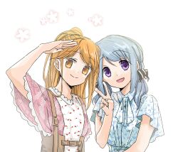Rule 34 | 2girls, :d, app acc mochi, arm at side, arm up, bag, black ribbon, blue hair, blue shirt, collared shirt, corset, flower (symbol), hair ribbon, hand up, head tilt, kasane ao, kirari hikaru, lace, lace-trimmed shirt, lace trim, long hair, looking at viewer, magia record: mahou shoujo madoka magica gaiden, mahou shoujo madoka magica, medium hair, multiple girls, open mouth, orange eyes, orange hair, pink sweater, plaid, plaid sweater, print shirt, purple eyes, ribbon, salute, shirt, short sleeves, shoulder bag, simple background, smile, split mouth, sweater, swept bangs, twintails, upper body, v, white background, white shirt, wide sleeves