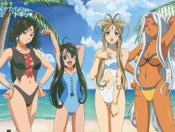 Rule 34 | 1990s (style), 4girls, :d, aa megami-sama, aa megami-sama: sorezore no tsubasa, age difference, ahoge, antenna hair, arm behind head, arm up, armpits, beach, belldandy, bikini, black bikini, black hair, blue eyes, blue one-piece swimsuit, blue sky, blush, bracelet, breasts, brown eyes, brown hair, casual one-piece swimsuit, child, cleavage, cleavage cutout, clenched hand, clenched hands, clothing cutout, cloud, cropped, cross-laced clothes, crossed legs, dark-skinned female, dark skin, day, detexted, earrings, everyone, facial mark, flat chest, forehead mark, hair between eyes, halterneck, hand in own hair, hand on own chest, hands on own hips, holding own arm, jewelry, large breasts, light smile, lineup, long hair, looking at viewer, low ponytail, medium breasts, midriff, multiple girls, navel, navel cutout, neck ring, ocean, official art, official wallpaper, olm (studio), one-piece swimsuit, open mouth, orange one-piece swimsuit, outdoors, palm tree, peorth (aa megami-sama), ponytail, retro artstyle, satou michio, scan, short hair, sidelocks, skuld (aa megami-sama), sky, smile, standing, strapless, stretching, string bikini, swimsuit, tan, tankini, thigh gap, third-party edit, tree, urd (aa megami-sama), very long hair, water, white hair, white one-piece swimsuit, wide hips