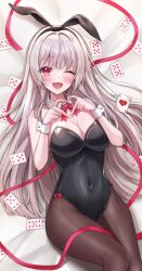 Rule 34 | 1girl, :d, absurdres, ace (playing card), ace of hearts, animal ears, arin7020, black leotard, blush, bow, bowtie, breasts, brown pantyhose, card, cleavage, collar, commentary, covered navel, detached collar, fake animal ears, fang, grey hair, hair between eyes, happy, heart, heart hands, highleg, highleg leotard, highres, large breasts, leotard, long hair, looking at viewer, lying, on back, one eye closed, open mouth, original, pantyhose, pink bow, pink bowtie, pink ribbon, playboy bunny, playing card, rabbit ears, red eyes, ribbon, smile, solo, strapless, strapless leotard, white collar, white wrist cuffs, wrist cuffs