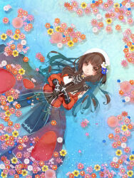 Rule 34 | 1girl, afloat, ayasa, black gloves, blue flower, blush, breasts, brown eyes, brown hair, chain, chrysanthemum, closed mouth, coat, commentary request, cross, feet out of frame, flower, flower on liquid, gloves, hat, hat flower, highres, inquisitor (ragnarok online), long hair, looking at viewer, medium bangs, medium breasts, orange flower, pink flower, ragnarok online, red coat, ripples, sidelocks, smile, solo, tam (ragnarok online), water, white flower, white hat, yellow flower