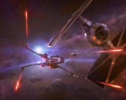 Rule 34 | asteroid, battle, commentary, duel, highres, laser, lens flare, motion blur, realistic, space, spacecraft, star (sky), star (symbol), star wars, starfighter, starry background, thefirstangel, tie fighter, x-wing
