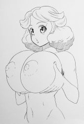 Rule 34 | 1girl, breasts, grabbing own breast, highres, hokuto (tokuho), huge breasts, inazuma eleven (series), inazuma eleven ares no tenbin, long hair, nipples, nude, pout, umihara norika