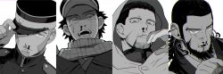 Rule 34 | 4boys, adjusting clothes, adjusting headwear, ainu, ainu clothes, alternate costume, arm up, beard, black hair, blood, buttons, buzz cut, cape, closed mouth, coat, collar, collared jacket, column lineup, commentary request, ear piercing, earrings, facial hair, facial scar, goatee, golden kamuy, grey eyes, grey hair, greyscale, hair slicked back, hair strand, hat, hood, hood up, hooded cape, hoop earrings, imperial japanese army, jacket, jewelry, kepi, kiroranke, long sideburns, long sleeves, looking at viewer, male focus, military, military hat, military uniform, monochrome, multiple boys, nosebleed, ogata hyakunosuke, one eye covered, onnomono, open mouth, piercing, scar, scar on cheek, scar on face, scar on mouth, scar on nose, scarf, shadow, shiraishi yoshitake, short hair, sideburns, simple background, spiked hair, star (symbol), stubble, sugimoto saichi, teeth, tongue, tongue out, undercut, uniform, upper body, very short hair, white background, white cape