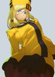 Rule 34 | 1girl, ashiomi masato, blonde hair, blue eyes, breasts, closed mouth, dress, guilty gear, guilty gear xrd, hat, looking at viewer, medium hair, millia rage, pantyhose, simple background, solo