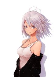 Rule 34 | 1girl, ahoge, breasts, cleavage, grey eyes, hands in pockets, highres, jacket, jewelry, light smile, mole, mole under eye, necklace, open clothes, open jacket, original, rucchiifu, short hair, silver hair, simple background, solo, strap gap, tank top, unzipped