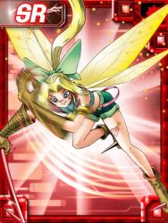 Rule 34 | 1girl, armlet, bent over, blonde hair, blue eyes, boots, bow, claws, digimon, digimon (creature), digimon collectors, facial mark, fairy, fairy wings, female focus, flat chest, hair bow, halterneck, lowres, midriff, official art, ponytail, short shorts, shorts, slashing, smile, solo, spikes, staff, tattoo, tinkermon, wings