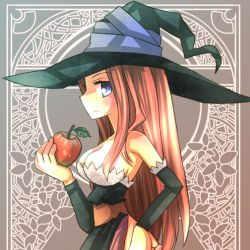 Rule 34 | 1girl, apple, aqua eyes, bad id, bad pixiv id, bare shoulders, blue eyes, breasts, brown hair, cleavage, detached sleeves, dragon&#039;s crown, dress, food, fruit, hands on ass, hat, hiyopuko, holding, holding food, holding fruit, long hair, profile, smile, solo, sorceress (dragon&#039;s crown), strapless, strapless dress, vanillaware, witch hat