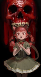 Rule 34 | 1girl, animal ears, bare arms, black bow, blunt bangs, bow, cat ears, cat tail, corset, cowboy shot, dress, fangs, green dress, hair bow, kaenbyou rin, looking at viewer, oreoppi, red eyes, red hair, skull, smile, solo, standing, tail, touhou, twintails