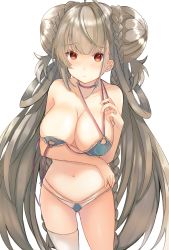 1girl ahoge alternate_costume azur_lane bad_id bad_pixiv_id bikini blue_bikini blush braid breasts choker cleavage double_bun embarrassed female_focus formidable_(azur_lane) formidable_(the_lady_of_the_beach)_(azur_lane) hair_bun highres large_breasts light_brown_hair long_hair looking_at_viewer navel red_eyes ribbon shibaebi_(yasaip_game) sidelocks simple_background single_thighhigh solo swimsuit thighhighs untied_bikini very_long_hair white_background