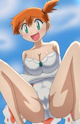 Rule 34 | 1girl, absurdres, artist request, ass, bare shoulders, blue background, blue sky, blush, body blush, breasts, cameltoe, cleavage, cloud, collarbone, cosplay, creatures (company), crossed arms, fake tail, female focus, game freak, gen 1 pokemon, goldeen, goldeen (cosplay), green eyes, hair ornament, heart, highres, huge ass, jewelry, large breasts, leotard, lips, misty (pokemon), nintendo, orange hair, pokemon, pokemon (anime), pokemon (classic anime), pokemon ep043, rubber band, shiny clothes, shiny skin, short hair, short ponytail, side ponytail, sky, smile, solo, squatting, su retro space, tail, teeth, thick thighs, thighs, tongue, white leotard