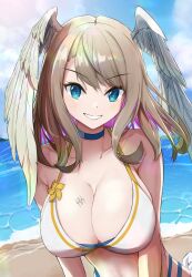 Rule 34 | 1girl, angel wings, beach, bikini, blue eyes, breast tattoo, breasts, brown hair, cleavage, eunie (xenoblade), grin, highres, large breasts, ocean, sarong, short hair, smile, solo, swimsuit, tattoo, thong bikini, water, wings, xenoblade chronicles (series), xenoblade chronicles 3