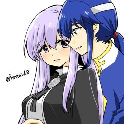 Rule 34 | 1boy, 1girl, alternate costume, blue hair, brother and sister, circlet, fire emblem, fire emblem: genealogy of the holy war, headband, julia (fire emblem), long hair, looking at another, looking to the side, nintendo, open mouth, ponytail, purple eyes, purple hair, seliph (fire emblem), siblings, simple background, white headband, yukia (firstaid0)