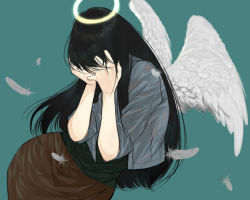 Rule 34 | 00s, 1girl, angel wings, bad id, bad pixiv id, black hair, blue background, casual, feathered wings, feathers, haibane renmei, halo, long hair, reki (haibane), sad, simple background, solo, torisoboro, wings