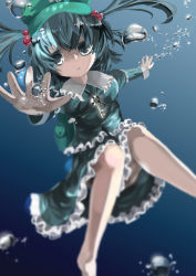 Rule 34 | 1girl, bad id, bad pixiv id, bare legs, barefoot, blue hair, bubble, dress, hair bobbles, hair ornament, hands up, hat, kawashiro nitori, key, legs, long sleeves, open mouth, outstretched arms, pocket, shirt, short hair, skirt, skirt set, solo, touhou, twintails, two side up, underwater, wet, wet clothes