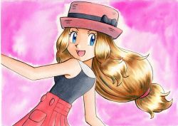Rule 34 | 1girl, :d, bare arms, black bow, black shirt, blonde hair, blue eyes, bow, commentary request, creatures (company), eyelashes, floating hair, game freak, hat, hat bow, highres, long hair, looking back, nintendo, oka mochi, open mouth, pink hat, pleated skirt, pokemon, pokemon (anime), pokemon xy (anime), purple background, red skirt, serena (pokemon), shirt, skirt, sleeveless, sleeveless shirt, smile, solo, tongue, traditional media