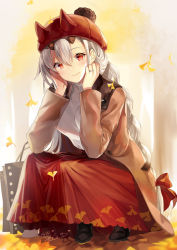 Rule 34 | 1girl, alternate costume, bag, blush, braid, breasts, commentary request, contemporary, covered horns, fate (series), hair between eyes, hair ribbon, hat, horns, kagachi saku, large breasts, long hair, looking at viewer, oni horns, ponytail, red eyes, red hat, ribbon, silver hair, single braid, smile, solo, sweater, tomoe gozen (fate), very long hair, white sweater