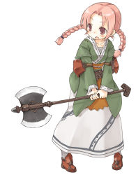 Rule 34 | 1girl, 7010, axe, blush, braid, double bladed axe, dress, highres, original, pink eyes, pink hair, solo, twin braids, weapon
