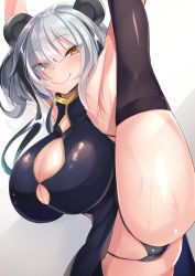Rule 34 | 1girl, animal ears, arknights, armpits, arms up, ass, ass focus, black dress, black panties, blunt bangs, breasts, brown eyes, china dress, chinese clothes, cleavage, cleavage cutout, cleft of venus, closed mouth, clothing cutout, commentary request, dress, eyes visible through hair, feater (arknights), hair over eyes, highres, huge breasts, looking at viewer, medium hair, panda ears, panties, pussy, pussy peek, sidelocks, silver hair, simple background, smile, solo, split, standing, standing on one leg, standing split, tamano nae, thighs, thong, underwear