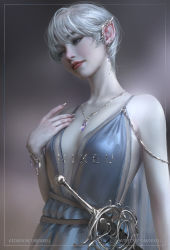 Rule 34 | 1girl, afdian username, artist name, bare shoulders, blue dress, bracelet, breasts, closed mouth, collarbone, dress, ear piercing, earrings, fantasy, gem, gradient hair, hand on own chest, highres, jewelry, mixed-language commentary, mole, mole on neck, multicolored hair, necklace, nixeu, original, patreon username, piercing, pointy ears, realistic, red lips, scenery, short hair, solo, sword, upper body, weapon, white hair
