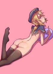 Rule 34 | 1boy, absurdres, alternate costume, ass, beret, blonde hair, blue eyes, blue nails, bottomless, candy, capelet, chocolate, chocolate heart, commentary, food, foot out of frame, hat, heart, hej (mugmnm51), hej (pixiv13035031), highres, link, looking at viewer, looking back, lying, male focus, medium hair, mouth hold, nail polish, nintendo, no shoes, on stomach, pink background, pointy ears, ponytail, sidelocks, simple background, skindentation, solo, symbol-only commentary, the legend of zelda, thighhighs, thighs, topless male, trap