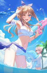 2girls ;d absurdres arimura_mao bikini blue_eyes blue_sky blush breasts brown_hair cleavage cloud commentary_request contrapposto cowboy_shot curtained_hair day detached_sleeves gakuen_idolmaster hair_bun hair_over_one_eye highres himesaki_rinami holding holding_water_gun idolmaster jacket kimi_to_semi_blue_(idolmaster) kurageso long_hair looking_at_another multiple_girls navel official_alternate_costume one_eye_closed open_mouth palm_tree short_hair short_sleeves single_side_bun sky smile solo_focus standing stomach swimsuit tree wading water_gun wet white_bikini white_jacket