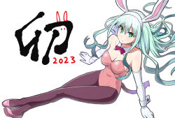 Rule 34 | 1girl, 2023, alternate costume, anima (samidare), animal ears, arm support, black pantyhose, bow, bowtie, breasts, cleavage, crossed legs, detached collar, elbow gloves, fake animal ears, from above, frown, gloves, green eyes, green hair, high heels, highres, hoshi no samidare, leotard, long hair, looking at viewer, medium breasts, mizukami satoshi, pantyhose, pink footwear, pink leotard, playboy bunny, pumps, purple bow, purple bowtie, rabbit ears, sitting, solo, strapless, strapless leotard, tail, white gloves, wrist cuffs
