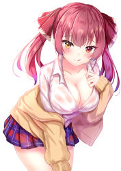Rule 34 | 1girl, :q, alternate costume, blue skirt, breasts, brown cardigan, cardigan, cleavage, closed mouth, collarbone, collared shirt, cowboy shot, hair ribbon, hand up, heterochromia, highres, hololive, houshou marine, large breasts, leaning forward, long hair, looking at viewer, miniskirt, no bra, off shoulder, open cardigan, open clothes, plaid, plaid skirt, pleated skirt, red eyes, red hair, ribbon, see-through, shirt, simple background, skirt, smile, solo, standing, thighs, tongue, tongue out, twintails, virtual youtuber, wet, wet clothes, wet shirt, white background, white shirt, yellow eyes, yuano