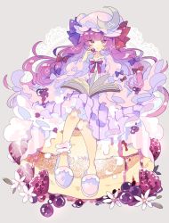 Rule 34 | 1girl, ankle cuffs, blue bow, blueberry, blunt bangs, blush, bow, cake, commentary, crescent, crescent pin, dress, flower, food, frills, fruit, full body, grey background, hair bow, hand up, hat, hat bow, highres, holding, long hair, long sleeves, looking at viewer, mob cap, neck ribbon, nikorashi-ka, patchouli knowledge, pink dress, pink footwear, pink hat, purple eyes, purple hair, red bow, red ribbon, ribbon, sitting, sitting on food, slippers, solo, strawberry, striped clothes, striped dress, touhou, wide sleeves