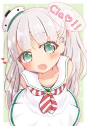 Rule 34 | 1girl, :d, anchor hair ornament, arms behind back, bare shoulders, blush, collarbone, commentary, diagonal-striped clothes, diagonal-striped neckerchief, diagonal-striped neckwear, dress, fang, green eyes, hair ornament, hat, head tilt, heart, highres, italian text, kantai collection, leaning forward, long hair, maestrale (kancolle), mini hat, one side up, open mouth, ridy (ri sui), sailor collar, sailor dress, silver hair, sleeveless, sleeveless dress, smile, solo, striped clothes, striped neckwear, very long hair, white dress, white sailor collar