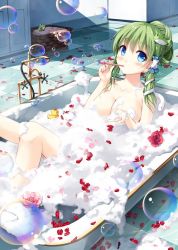 Rule 34 | 1girl, alternate hairstyle, bathing, bathroom, bathtub, blue eyes, breasts, blowing bubbles, checkered floor, cleavage, collarbone, faucet, flower, frog, frog hair ornament, green hair, hair ornament, hair tubes, hair up, hand up, indoors, kochiya sanae, large breasts, long hair, looking at viewer, lying, miyase mahiro, nude, on back, petals, red flower, red rose, rose, rose petals, rubber duck, snake hair ornament, soap bubbles, solo, touhou