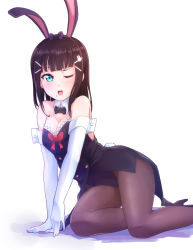 Rule 34 | 1girl, ;o, animal ears, arm cuffs, black bow, black bowtie, black hair, black leotard, black pantyhose, blue eyes, blunt bangs, blush, bow, bowtie, breasts, buttons, cleavage, coattails, detached collar, double-breasted, elbow gloves, fake animal ears, gloves, hair bow, hair ornament, hairpin, high heels, highleg, highleg leotard, kanabun, kurosawa dia, leotard, long hair, looking at viewer, love live!, love live! school idol festival, love live! sunshine!!, medium breasts, mole, mole under mouth, one eye closed, open mouth, pantyhose, playboy bunny, rabbit ears, rabbit hair ornament, rabbit tail, red bow, red bowtie, sitting, solo, tail, white background, white gloves