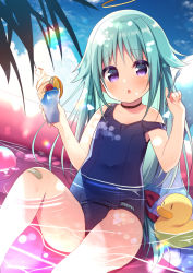 Rule 34 | 1girl, :&lt;, bandaid, bandaid on knee, bandaid on leg, bare arms, bare shoulders, blue hair, blue one-piece swimsuit, blush, bow, cherry, commentary request, cup, day, drinking glass, food, fruit, hair bow, halo, hanamiya natsuka, hands up, holding, holding cup, holding spoon, ice cream, innertube, knee up, long hair, old school swimsuit, one-piece swimsuit, original, outdoors, parted lips, purple eyes, red bow, rubber duck, school swimsuit, shallow water, sitting, soft serve, solo, spoon, strap slip, swim ring, swimsuit, triangle mouth, very long hair, wading pool, water