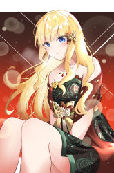 Rule 34 | 1girl, blonde hair, blue eyes, blush, bow, breasts, christmas, hair bow, hair ornament, highres, large breasts, letterboxed, long hair, looking at viewer, open mouth, outside border, pointy ears, princess connect!, red background, red shawl, saren (christmas) (princess connect!), saren (princess connect!), shawl, solo, ya.yu.
