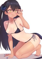 Rule 34 | &gt;:), 1girl, absurdres, all fours, bare arms, bare shoulders, barefoot, bikini, black bikini, black hair, blue nails, blush, breasts, claw pose, cleavage, closed mouth, collarbone, demon girl, demon horns, demon tail, fang, fang out, fingernails, full body, highres, horns, karu (ricardo 2628), long fingernails, long hair, long toenails, looking at viewer, medium breasts, nail polish, navel, one-piece tan, original, ribs, sharp fingernails, sharp toenails, side-tie bikini bottom, simple background, slit pupils, smile, solo, straight hair, swimsuit, tail, tan, tanline, toenail polish, toenails, two side up, very long hair, white background, yellow eyes