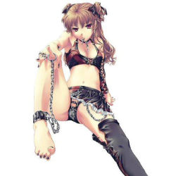 Rule 34 | 1girl, arm support, asymmetrical clothes, barefoot, black panties, black thighhighs, breasts, brown hair, chain, chastity belt, choker, cleavage, crop top, cuffs, feet, frills, goth fashion, groin, hair ribbon, jewelry, jpeg artifacts, key, lock, long hair, looking at viewer, midriff, miniskirt, mouth hold, nail polish, navel, original, padlock, panties, pantyshot, parted bangs, pendant, pointing, reclining, red eyes, ribbon, ring, short twintails, simple background, single thighhigh, sitting, skirt, solo, spread legs, thighhighs, twintails, underwear, unzipped, upskirt, wavy hair, white album, white album (series), zipper