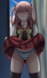 Rule 34 | 1girl, absurdres, black thighhighs, black vest, blouse, blue panties, blue sky, bow, bow panties, clenched teeth, clothes lift, curtains, female focus, highres, inui sajuna, lifting own clothes, long hair, looking at viewer, neckerchief, panties, parted lips, pink eyes, pink hair, rainbow, red sailor collar, sailor collar, sayori rin1626, scowl, shaded face, shirt, side-tie panties, skirt, skirt lift, sky, solo, sono bisque doll wa koi wo suru, standing, striped clothes, striped panties, teeth, thighhighs, two side up, underwear, vest, white shirt, window, yellow neckerchief