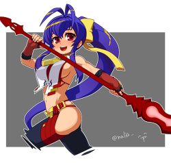 Rule 34 | 1girl, artist name, blazblue, blazblue: central fiction, blazblue variable heart, blue hair, blush, breasts, fingerless gloves, genderswap, genderswap (mtf), gloves, halterneck, hida naria, holding, holding weapon, long hair, mai natsume, medium breasts, midriff, open mouth, pants, ponytail, red eyes, sideboob, smile, solo, very long hair, weapon