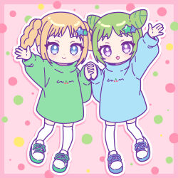 Rule 34 | 2girls, :d, arm up, bad id, bad twitter id, blonde hair, blue eyes, blue sweater, braided hair rings, chibi, closed mouth, commentary request, cone hair bun, double bun, fukuhara ann, full body, green hair, green sweater, hair bun, hair ornament, hand up, highres, holding hands, interlocked fingers, long sleeves, looking at viewer, morizono wakana, multiple girls, nekomachi nao, no pants, open mouth, pink background, pretty rhythm, pretty rhythm rainbow live, pretty series, purple eyes, shoes, short hair, smile, sneakers, standing, star (symbol), star hair ornament, sweater, thighhighs, white thighhighs
